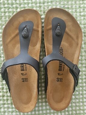 Birkenstock Black Leather Toe-Post Sandals with Buckle